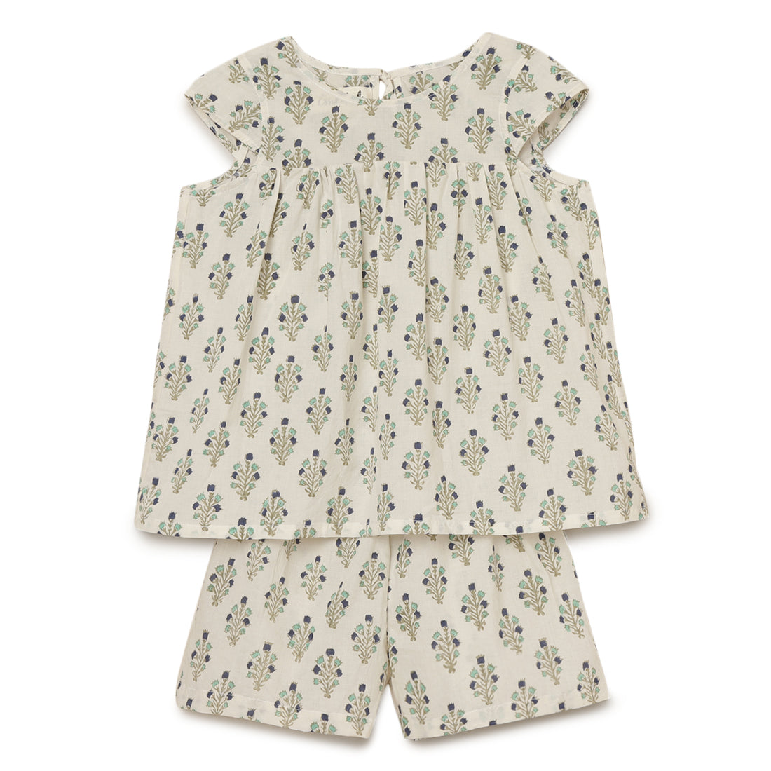 Girls Elastic Cotton Shorts and Cotton Flared Top Set with Teal & Indigo Block Print 2 yrs to 6 yrs