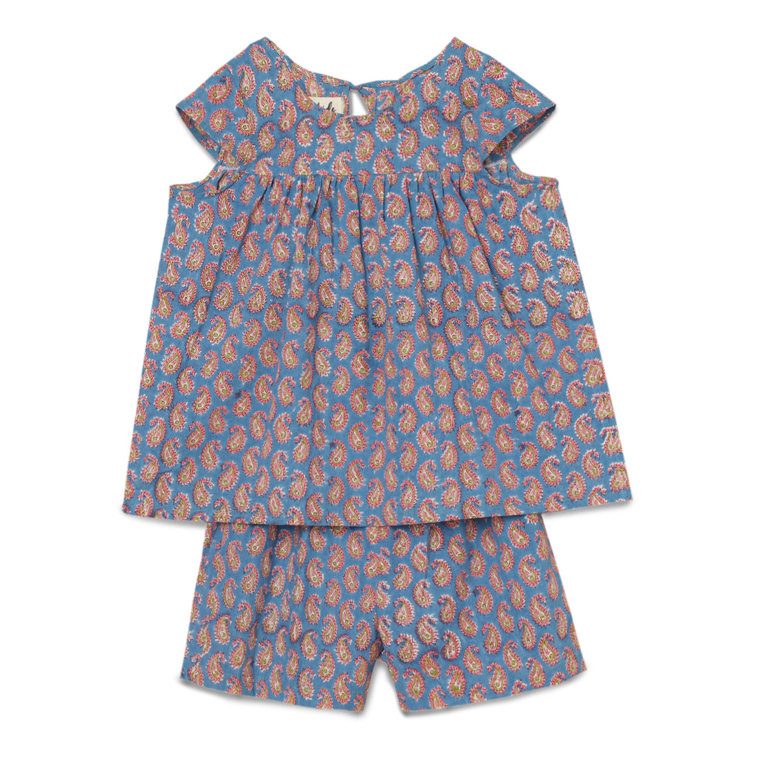 Girls Cotton Flared Top and Elastic Cotton Shorts Set with Blue, Pink and Green Block Print 2 yrs to 6 yrs