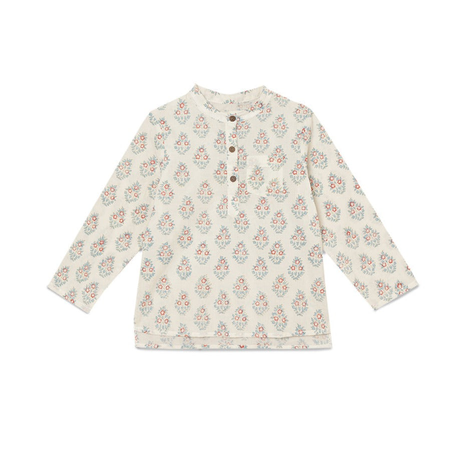 Boys Cotton Indigo Full Sleeves Shirt with Teal & Red Block Print 2 yrs to 6 yrs - Front