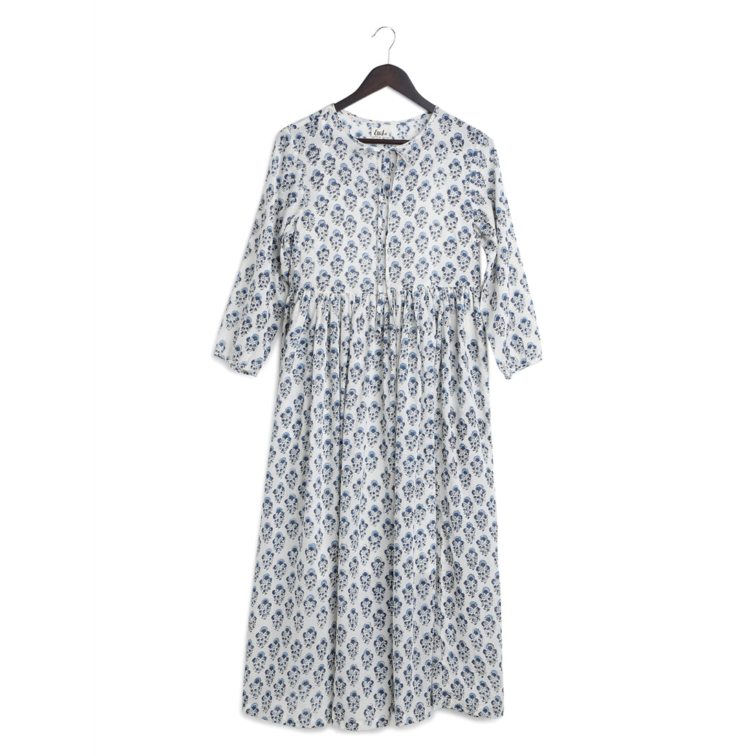 Cotton long gathered dress - Dark Blue Block Print - Front ImageCotton long gathered dress - Dark blue block print - Front Image