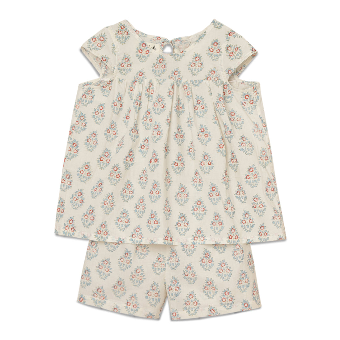 Girls Cotton Flared Top and Elastic Cotton Shorts Set with Teal and Red Block Print 2 yrs to 6 yrs