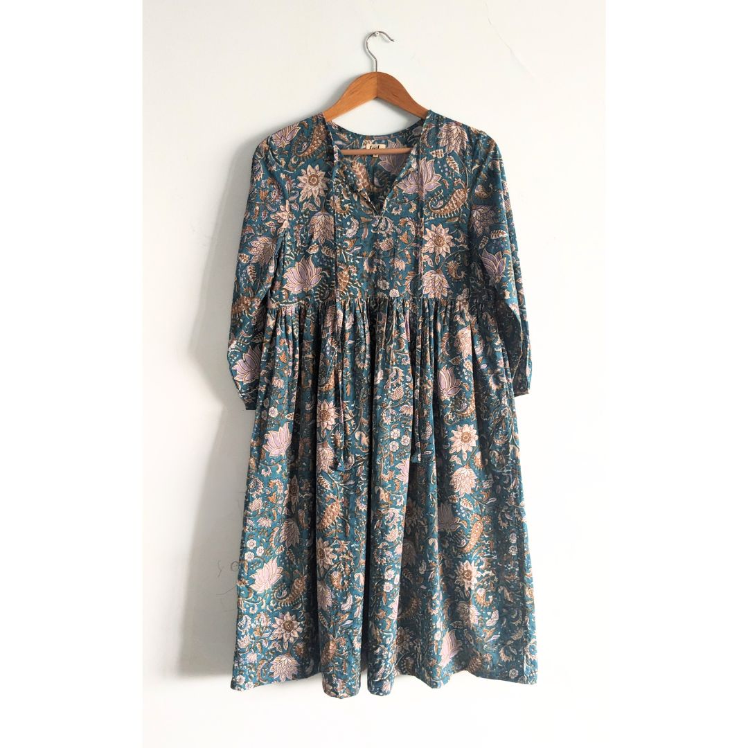 Women's Cotton Dress with long Sleeves, Dark Green - Front Image 1