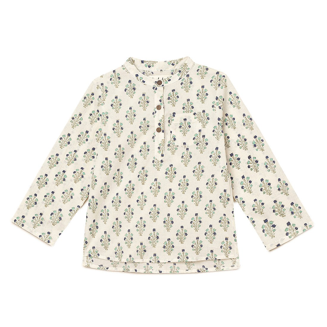 Boys Cotton full sleeves shirt with Teal and Indigo Block Print 2yrs to 6 yrs - Front