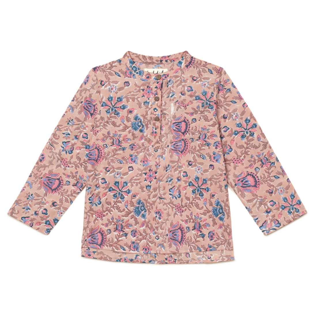 Boys Cotton Light brown with Pink and Blue block prints full sleeves shirt 2 yrs to 6 yrs - Front