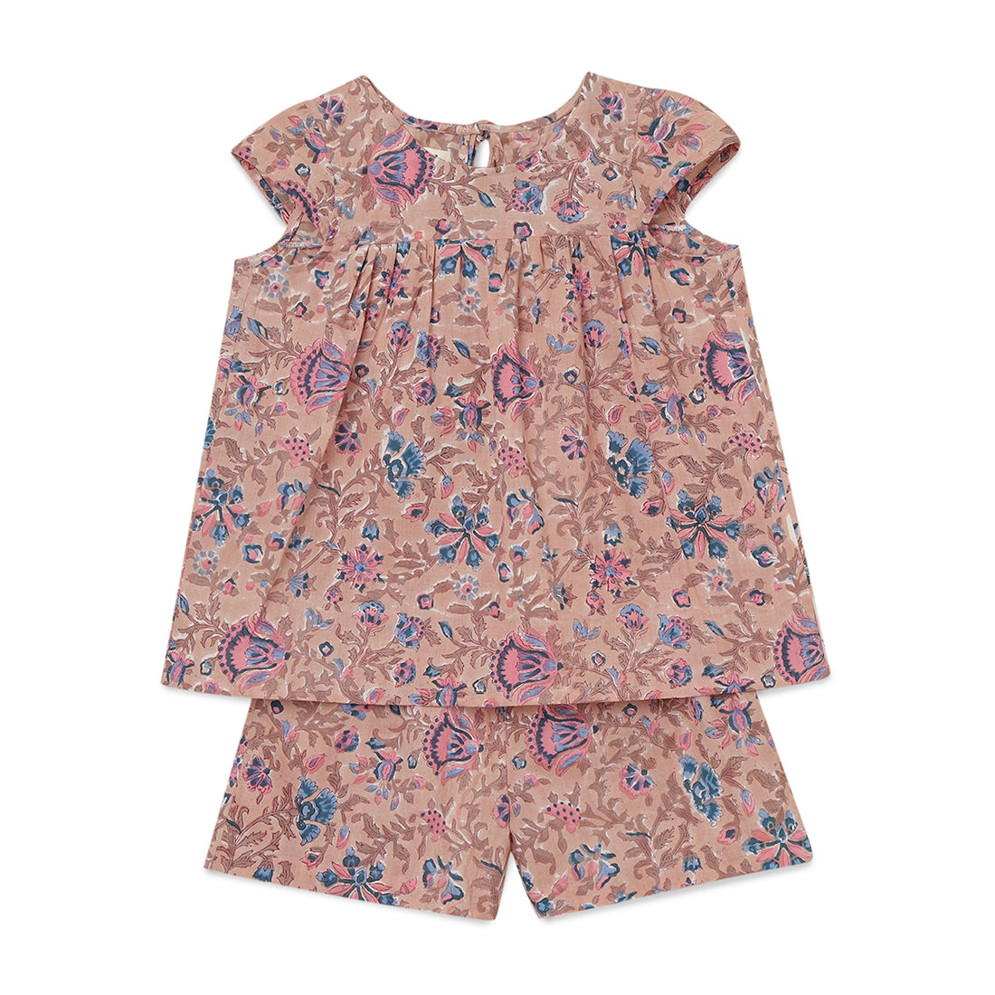 Girls Cotton Flared Top and Elastic Cotton Shorts Set with Light Brown, Multicolor Block Print 2 yrs to 6 yrs