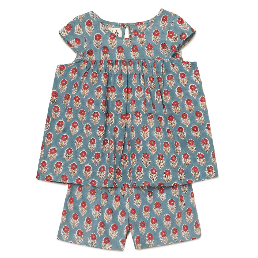 Girls Elastic Cotton Shorts and Cotton Flared Top Set with Teal & Red Flower Block Print 2 yrs to 6 yrs