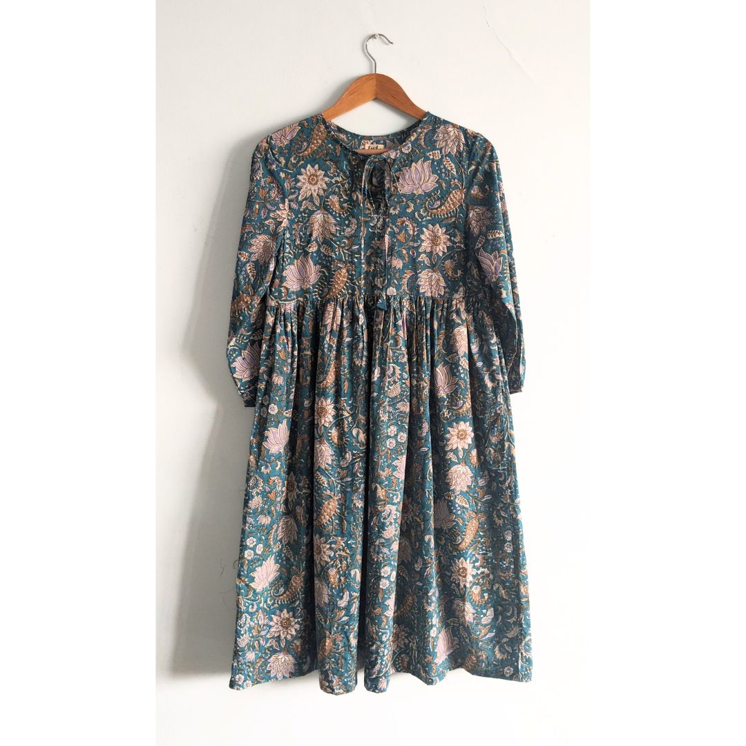 Women's Cotton Dress with long Sleeves, Dark Green - Front Image 2