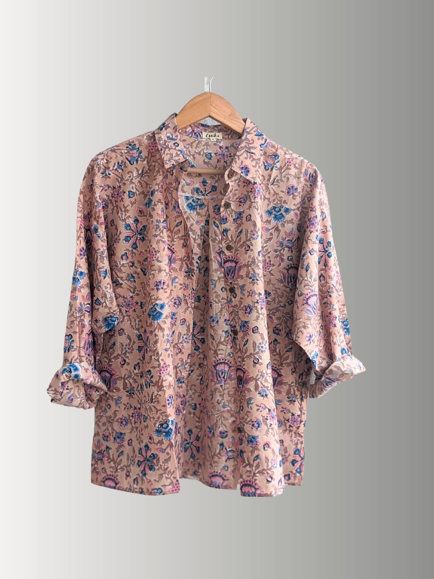 Women's Cotton full sleeves loose fitting, Casual wear shirt, Light brown with Blue and Pink in 4 sizes (S, M, L, XL)