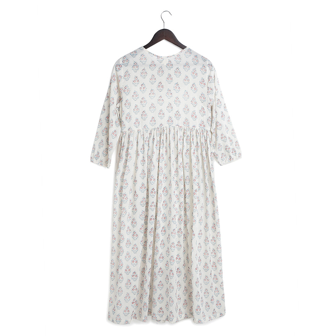 Cotton long gathered dress - Block print, Teal & Red - Back Image