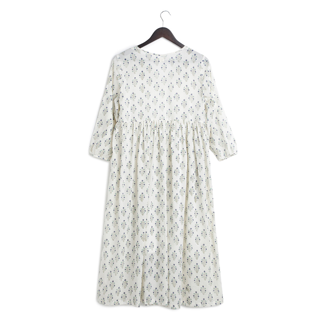 Cotton long gathered dress - Block print, Teal & Indigo - Back Image