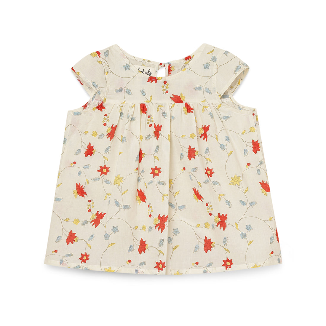 Girls Cotton Flared Top with Poppy Red Block Print for 2 yrs to 6 yrs - Front