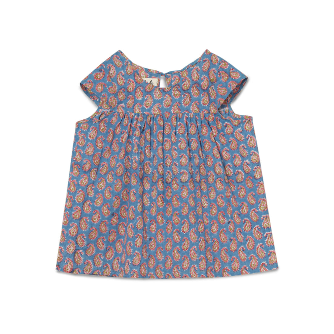 Girls Cotton Flared Top, Blue, Pink & Green Block Print for 2 yrs to 6 yrs - Front