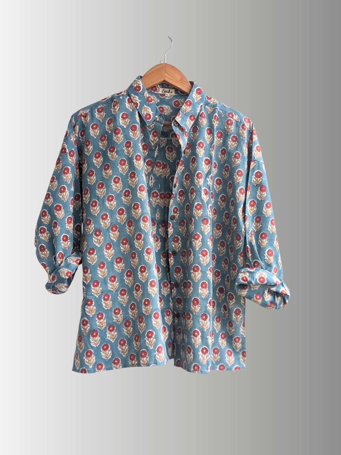 Women's Cotton full sleeves loose fitting, Casual wear shirt, Teal with Red Flower Print in 4 sizes (S, M, L, XL)