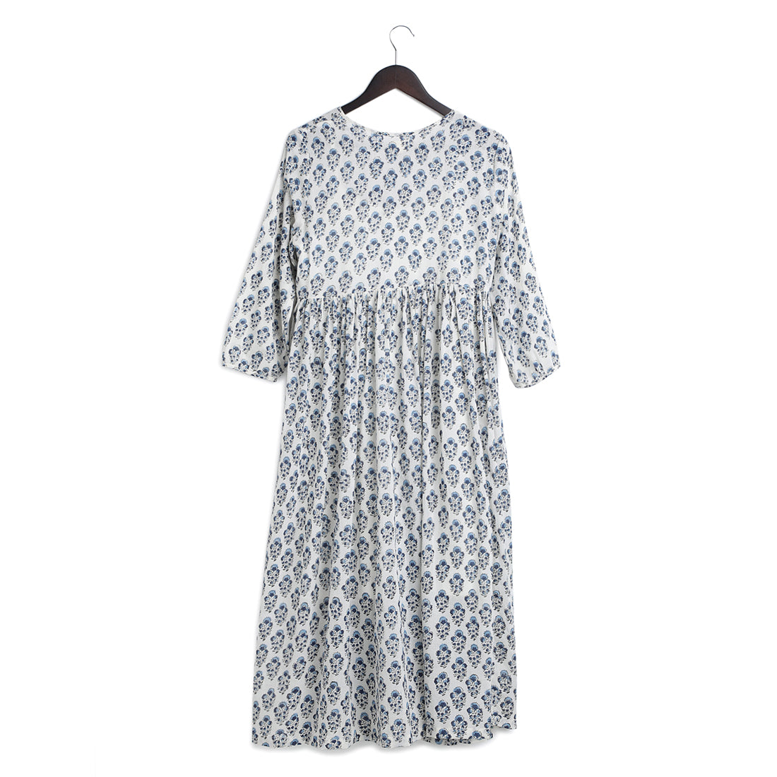 Cotton long gathered dress - Dark blue block print - Back Image