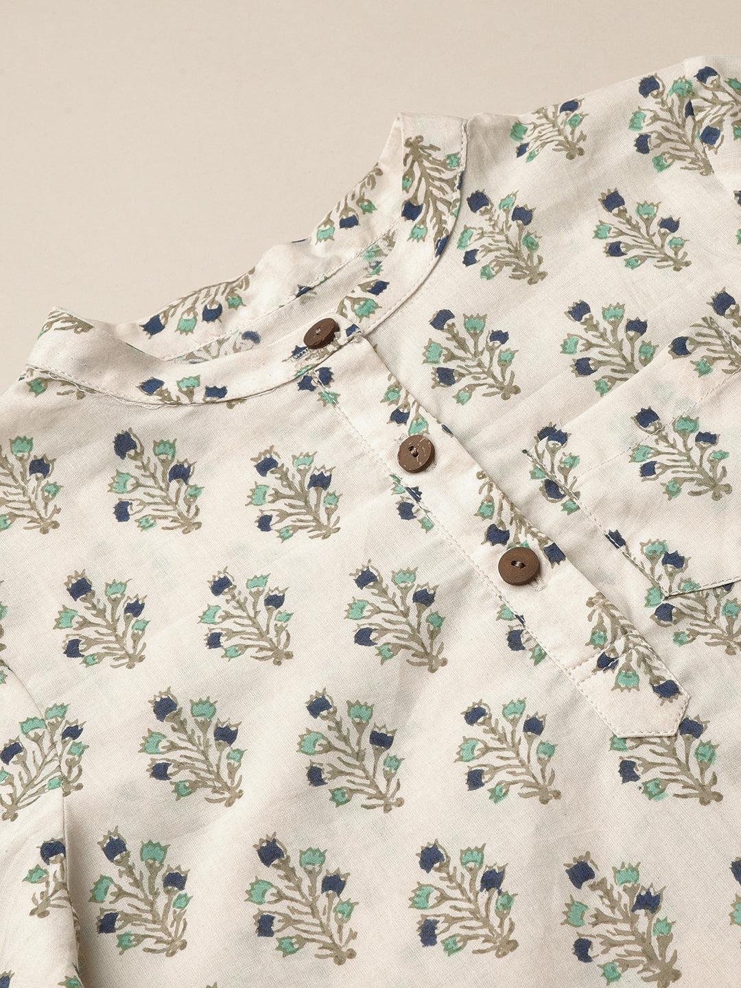 Boys Cotton full sleeves shirt with Teal and Indigo Block Print 2yrs to 6 yrs - Front close up image