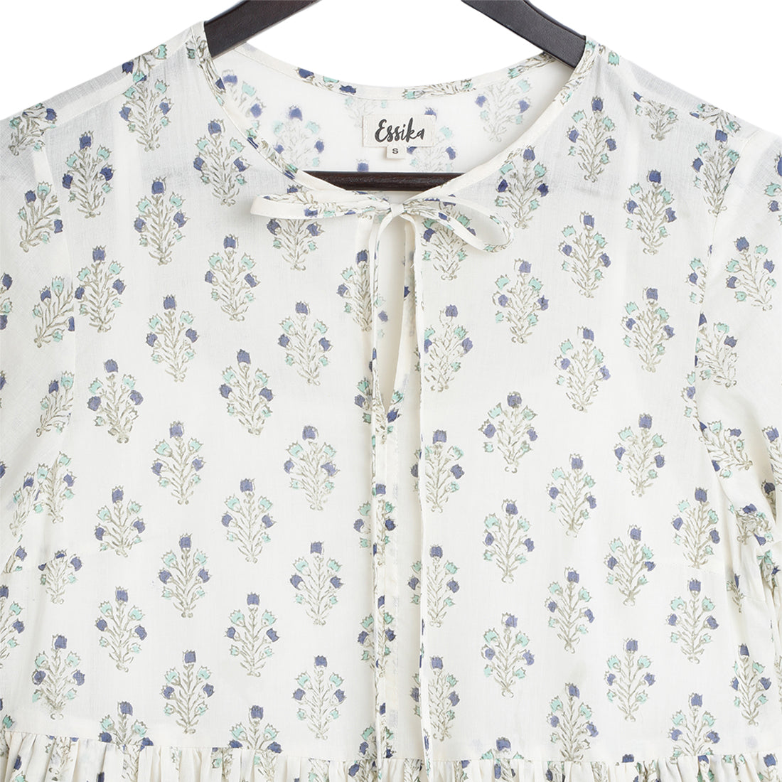 Cotton long gathered dress - Block print, Teal & Indigo - Close-up Image