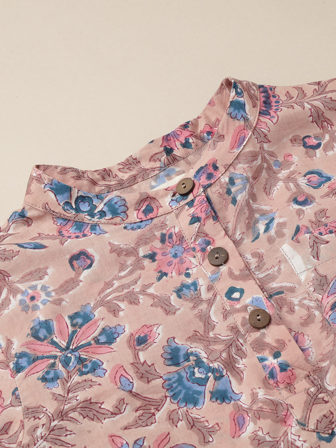 Boys Cotton Light brown with Pink and Blue block prints full sleeves shirt 2 yrs to 6 yrs - Front Closeup Image