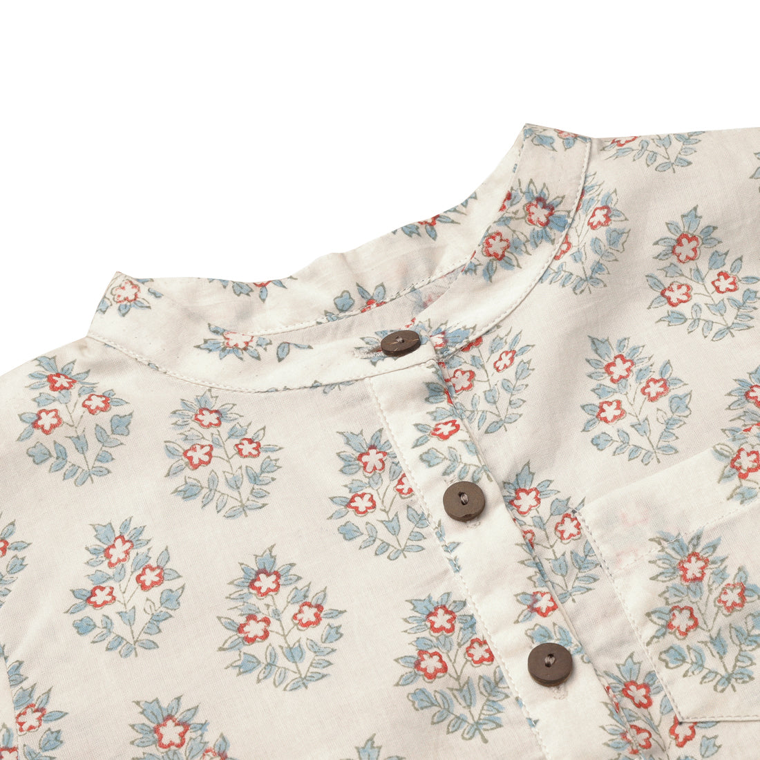 Boys Cotton Indigo Full Sleeves Shirt with Teal & Red Block Print 2 yrs to 6 yrs - Front Close Up image