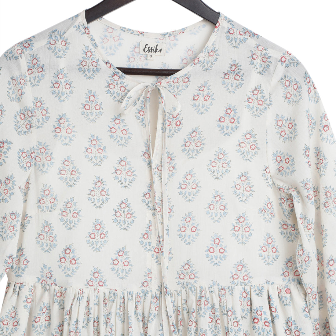Cotton long gathered dress - Block print, Teal & Red - Close-up Image