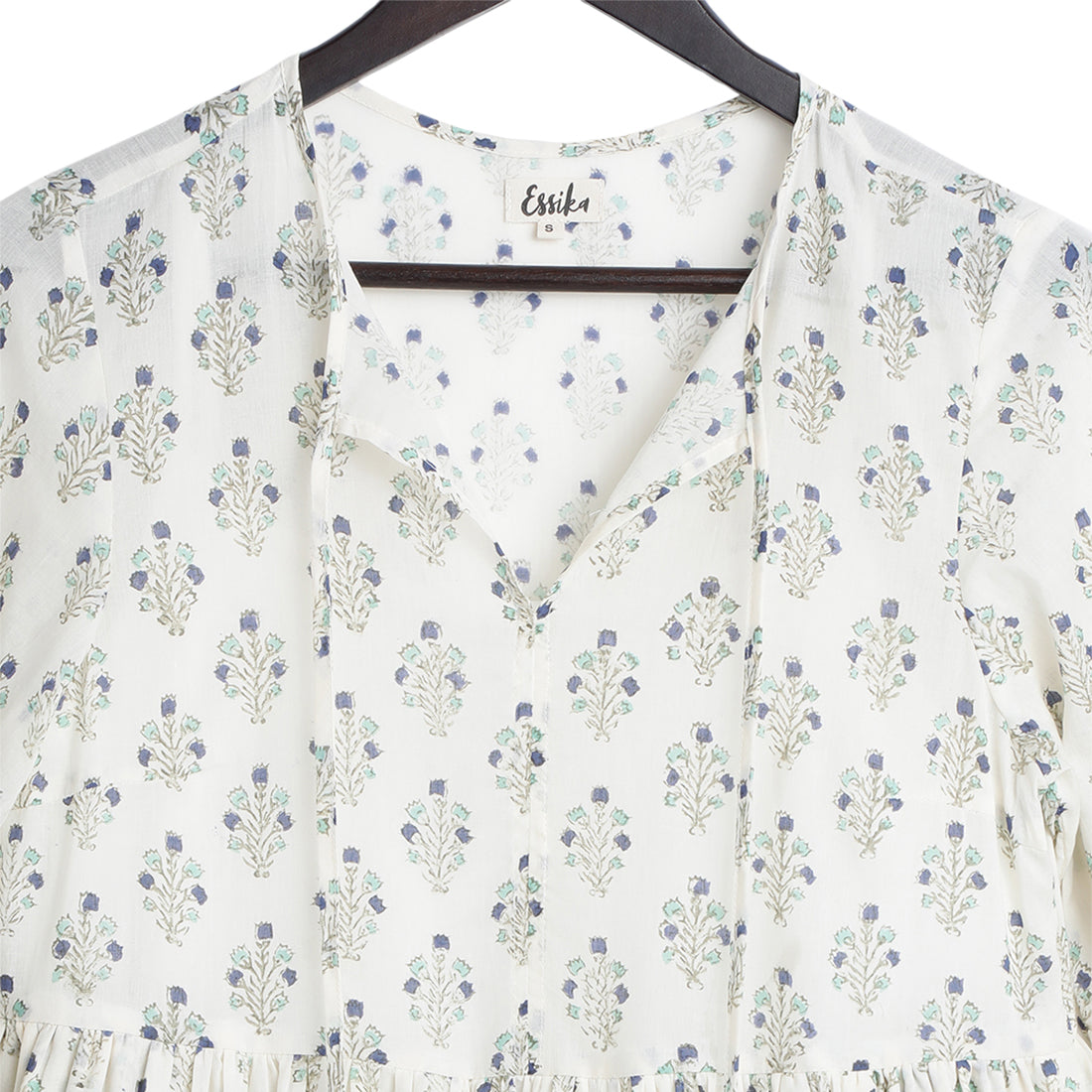 Cotton long gathered dress - Block print, Teal & Indigo - Close-up Image