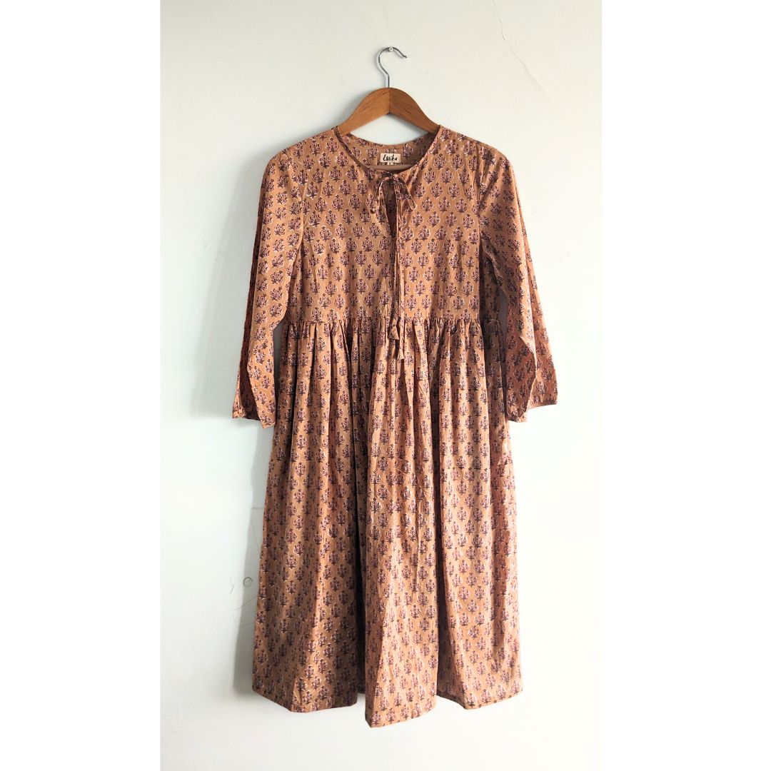 Women's Cotton Dress with long Sleeves, Brown and Lavender - Front Image 2