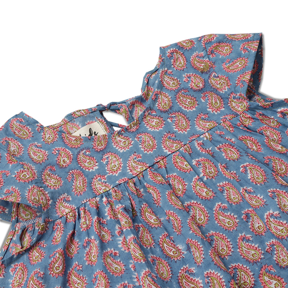 Girls Cotton Flared Top, Blue, Pink & Green Block Print for 2 yrs to 6 yrs - Close-up