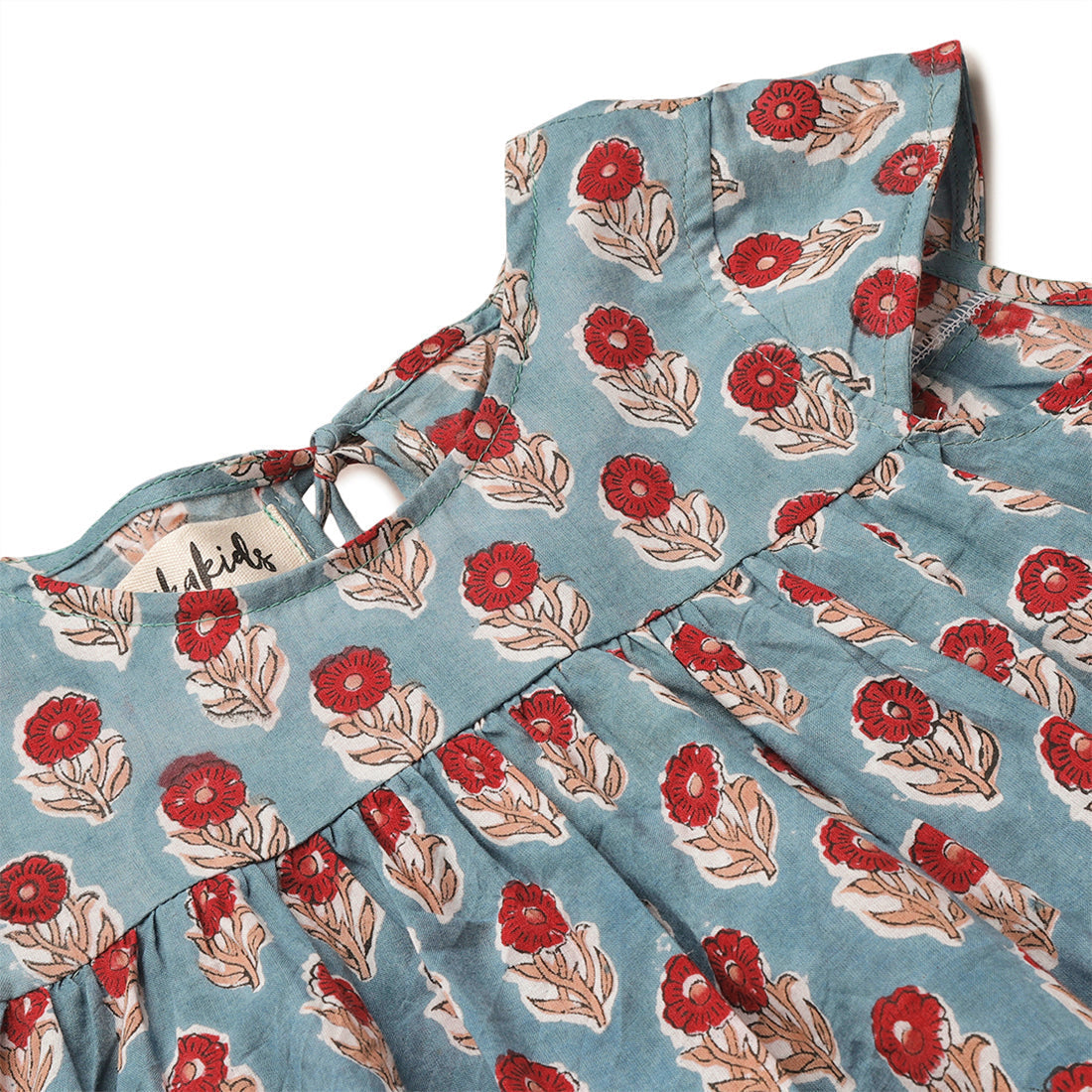 Girls Cotton Flared Top, with Beautiful Red Flower Block Print for 2 yrs to 6 yrs - Close-up