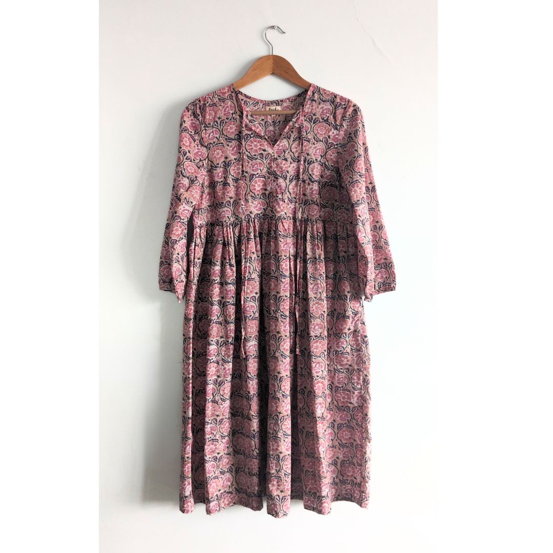Women's Cotton Dress with long Sleeves, Pink and Sandal - Front Image 1
