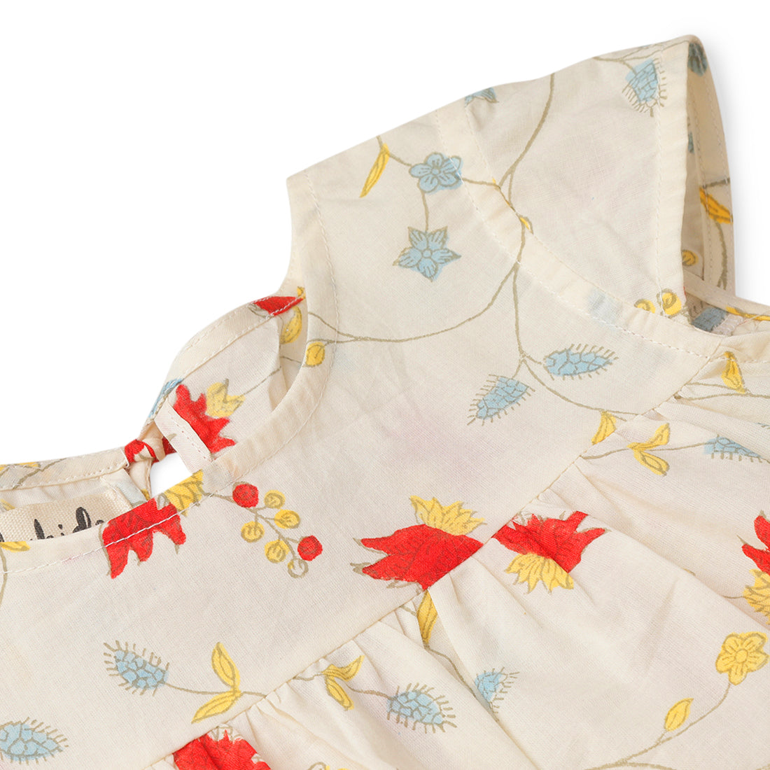 Girls Cotton Flared Top with Poppy Red Block Print for 2 yrs to 6 yrs - Close -up
