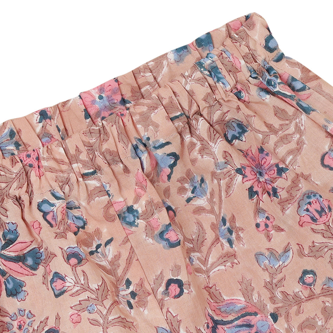 Girls Elastic Cotton Shorts, Light Brown, Multicolour Block Print for 2 yrs to 6 yrs - close-up