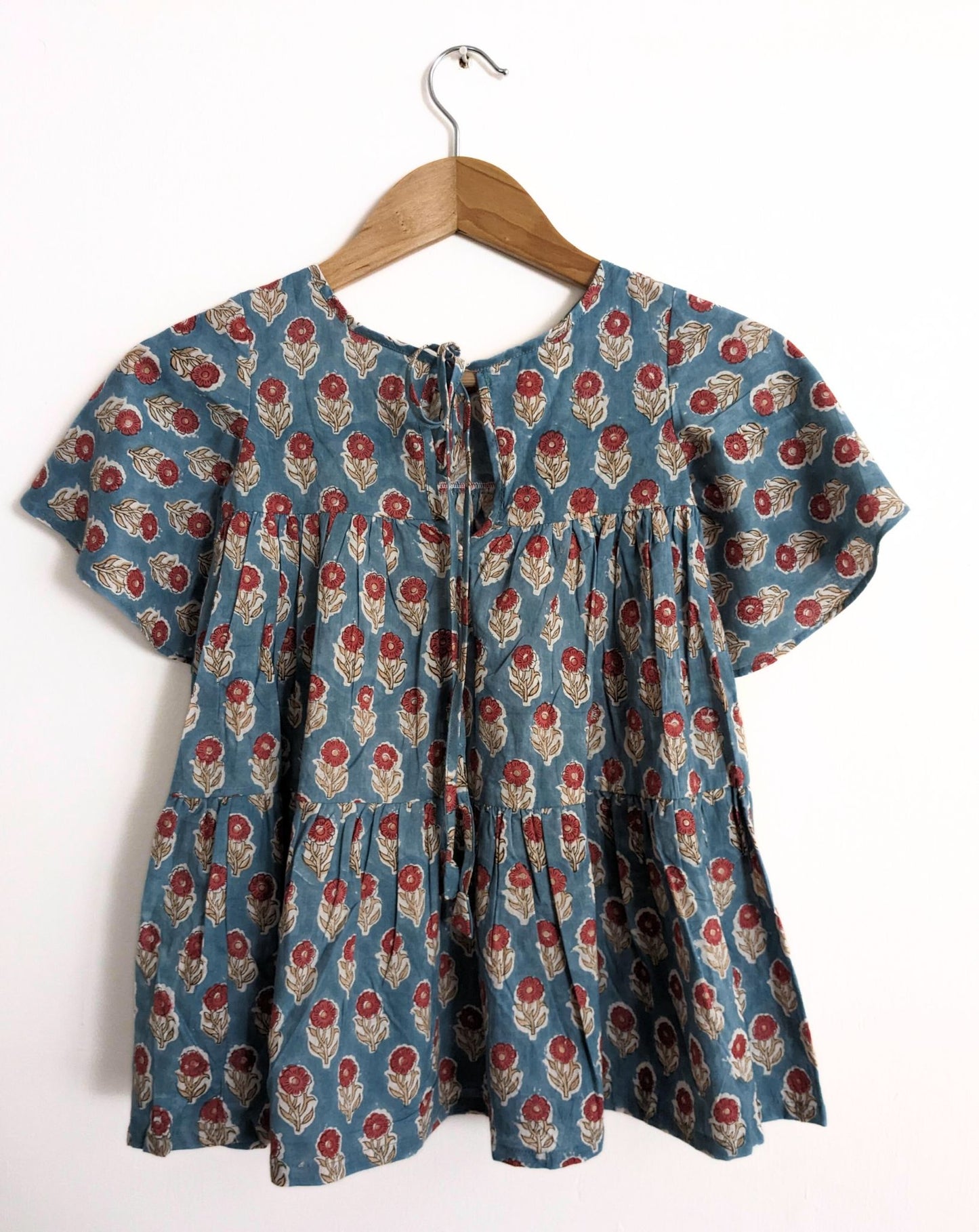 Girls Cotton Flowy Dress, Teal Colour with Red Floral Print -2y,4y, 6y - Back