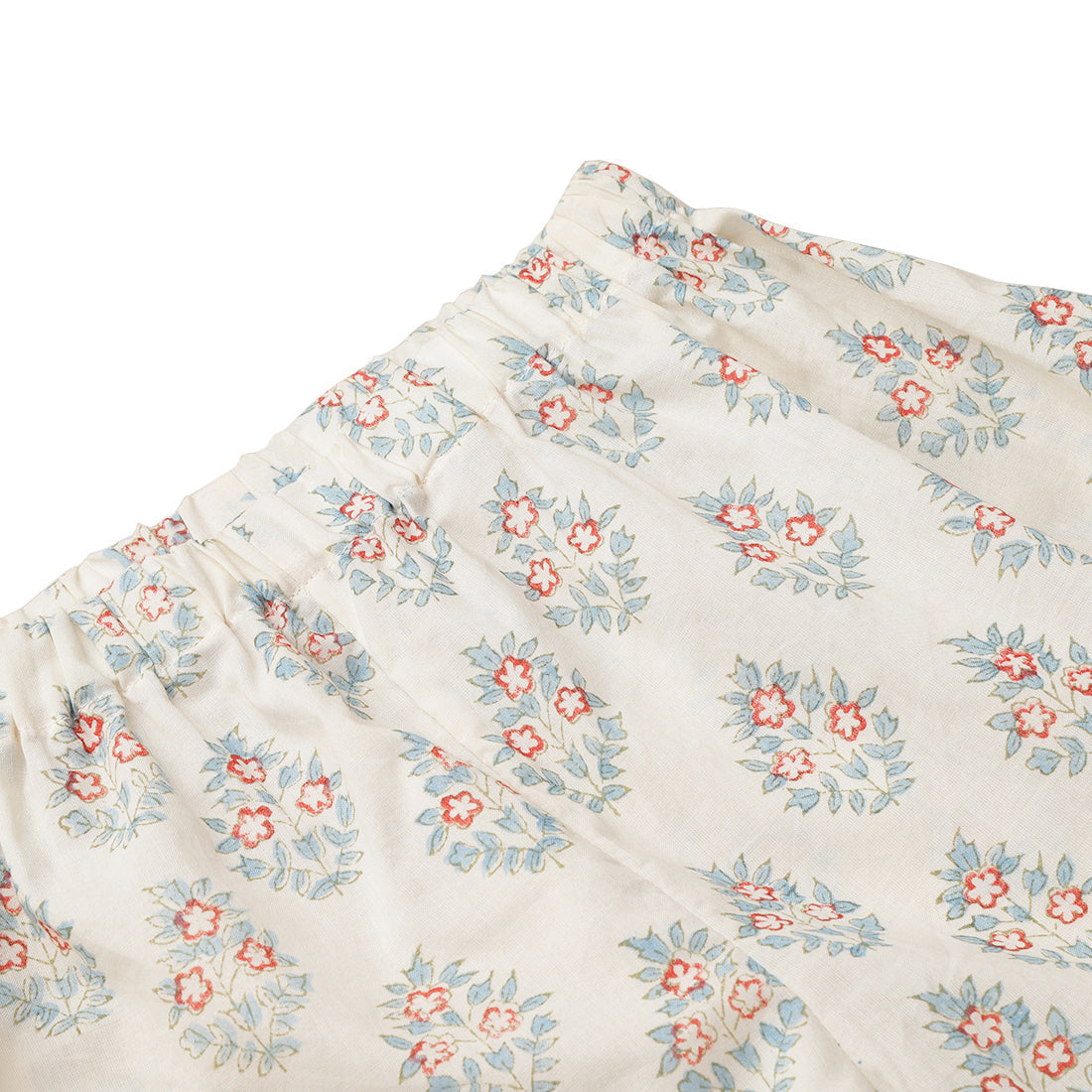 Girls Elastic Cotton Shorts, Teal and Red Block Print for 2 yrs to 6 yrs - Close-up