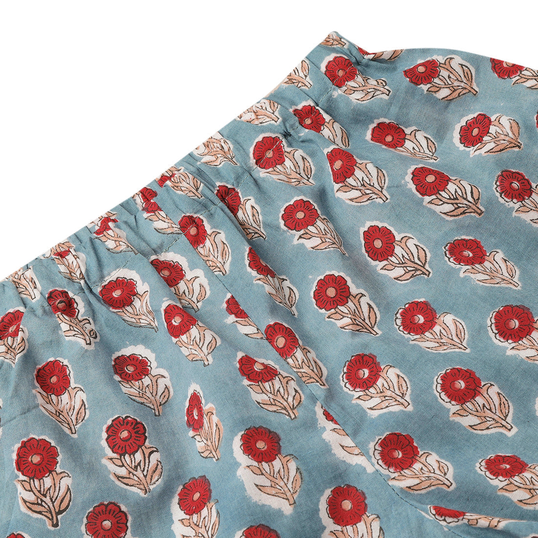 Girls Elastic Cotton Shorts, Teal & Beautiful Red Flower Block Print for 2 yrs to 6 yrs - Close-up