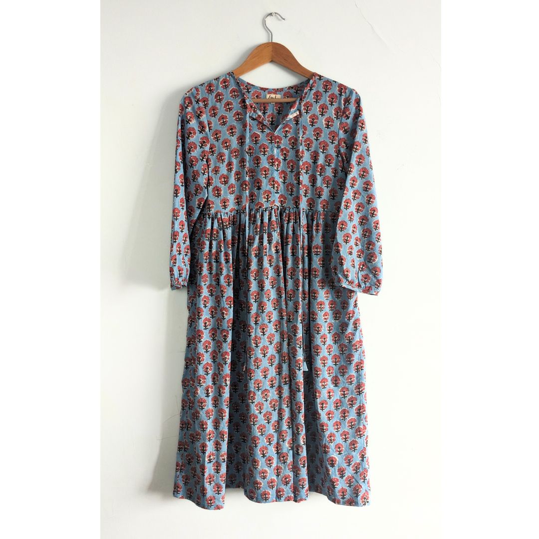 Women's Cotton Dress - Blue and Red Flower with long Sleeves Front Image 1
