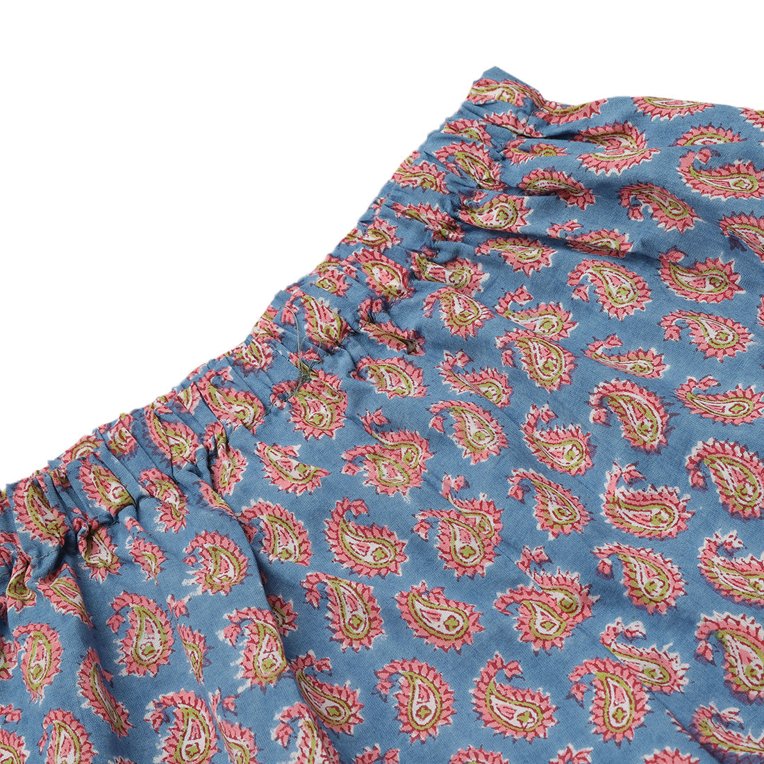 Girls Elastic Cotton Shorts, Block Print, Blue Pink & Green, for 2 yrs to 6 yrs - Close-up