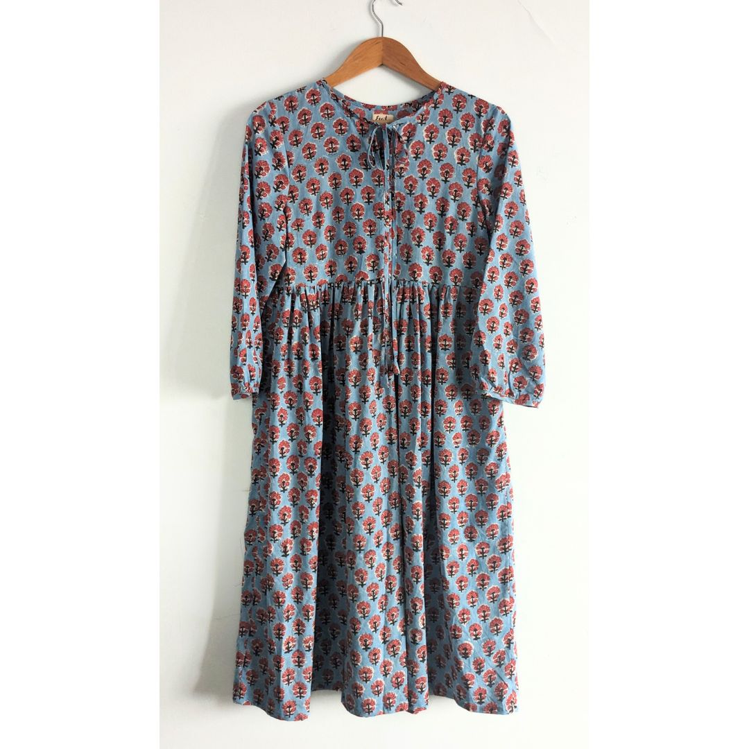 Women's Cotton Dress - Blue and Red Flower with long Sleeves Front Image 2