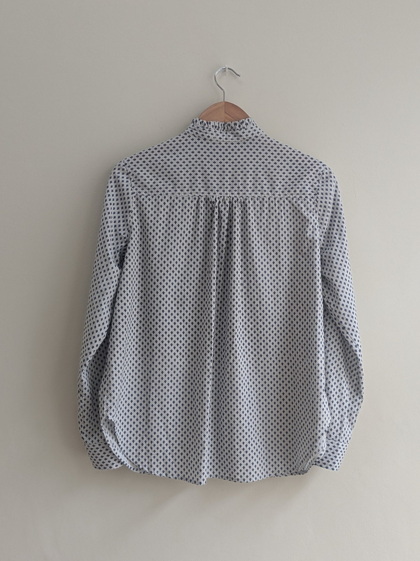 Women's full sleeves cotton ruffle shirt in grey & blue - back image