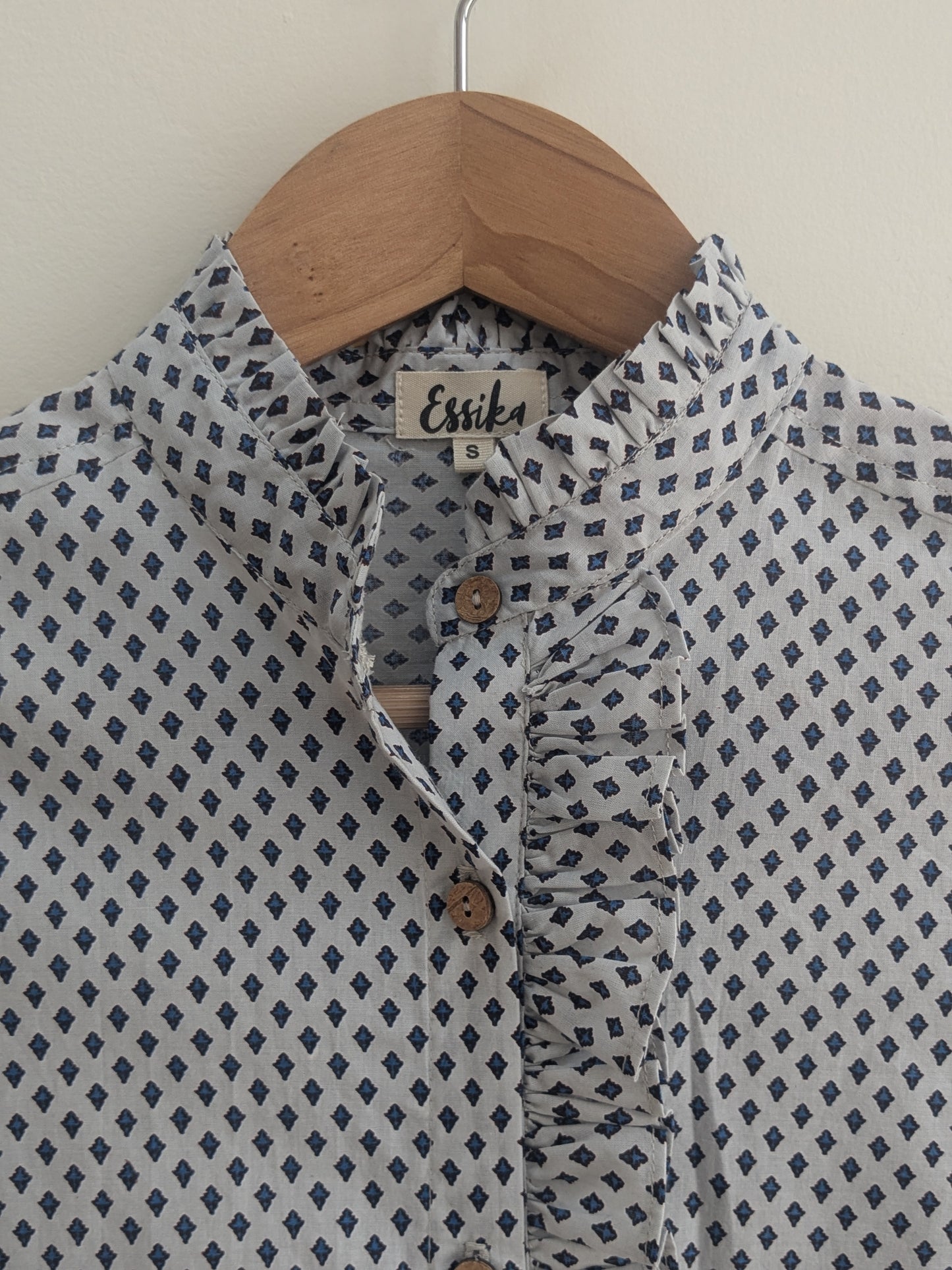 Women's full sleeves cotton ruffle shirt in grey & blue - closeup image