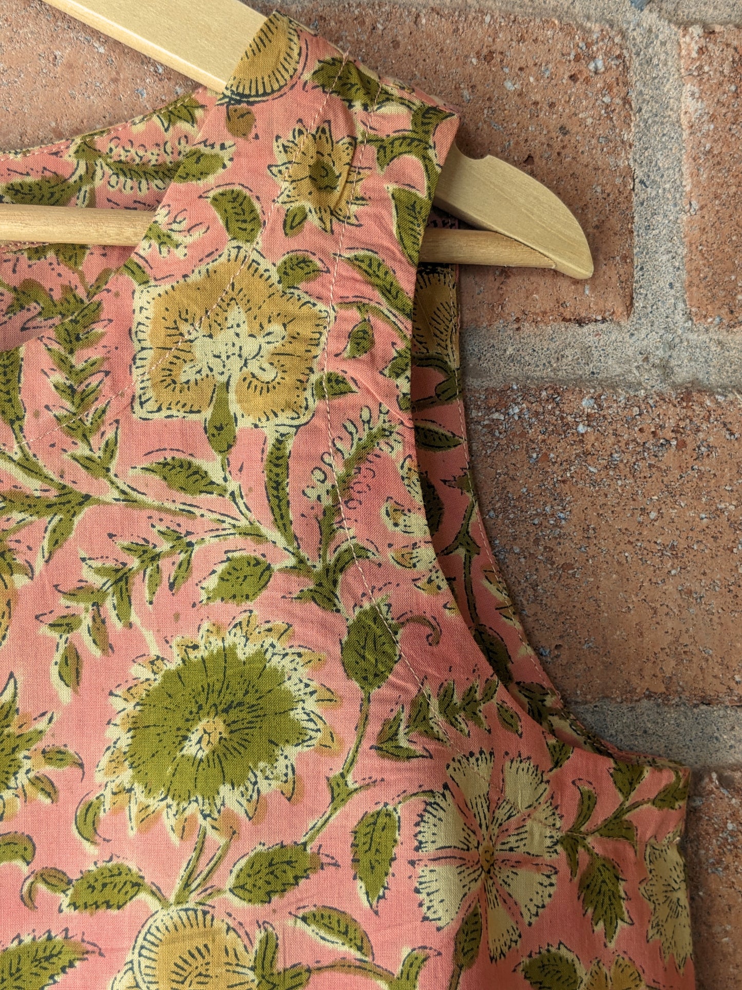 Women's Cotton Sleeveless Top - Blush Pink & Olive - Close up Image