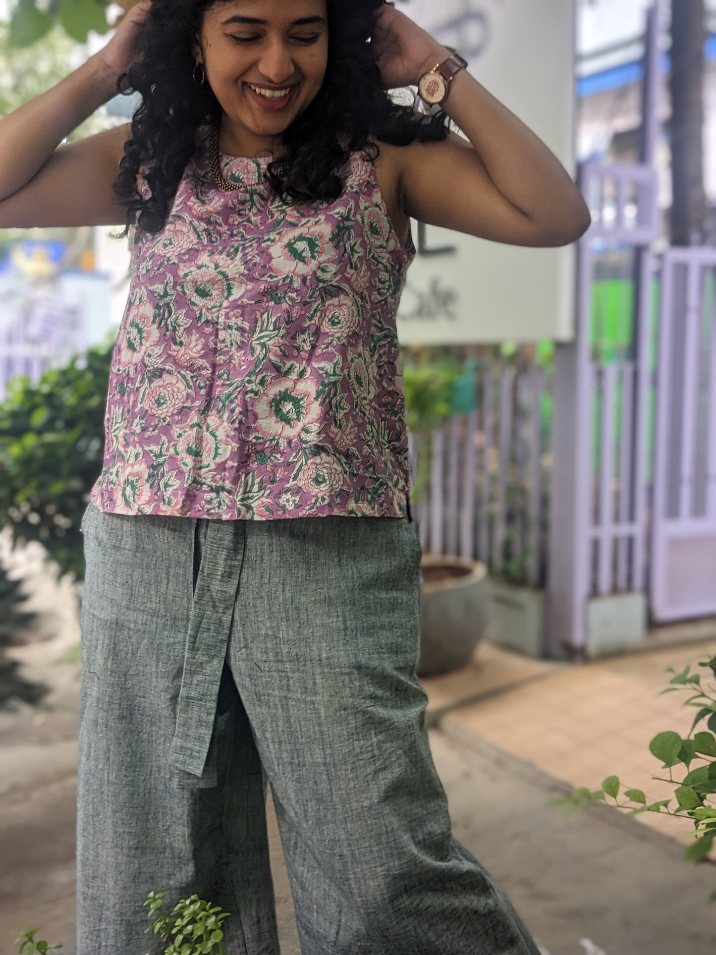 Women's Sleeveless Top | Block Print | Pink Dahlia