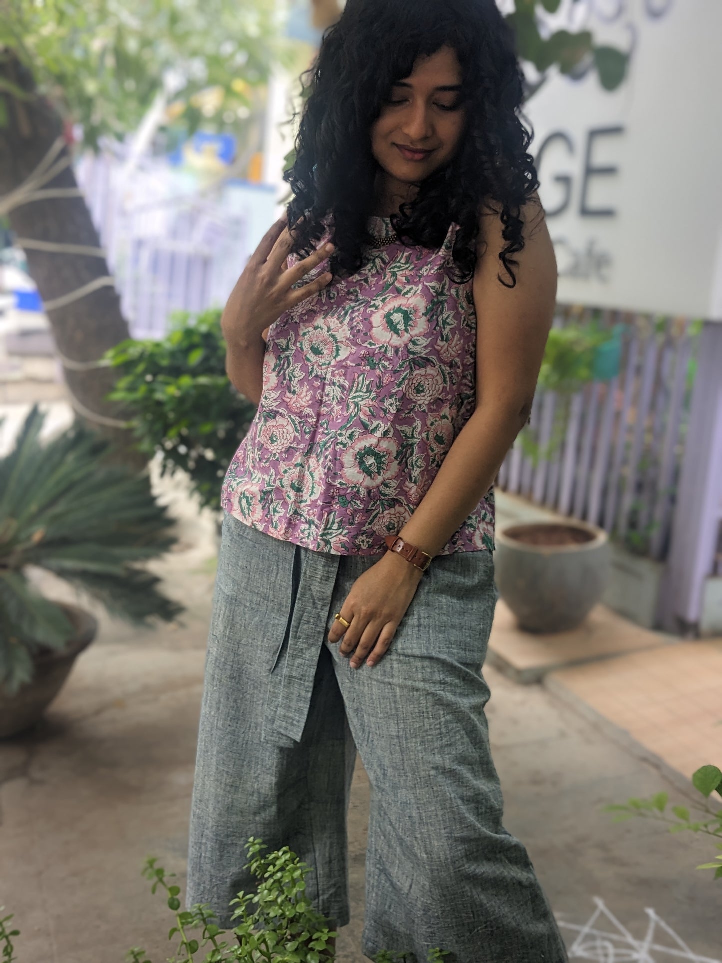Women's Sleeveless Top | Block Print | Pink Dahlia