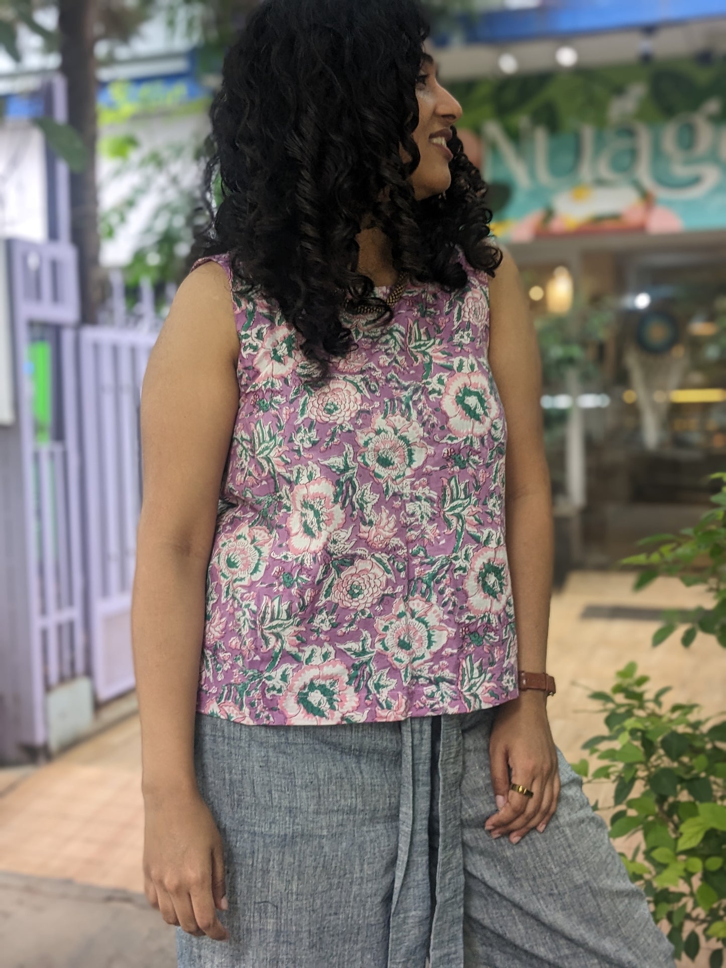 Women's Sleeveless Top | Block Print | Pink Dahlia