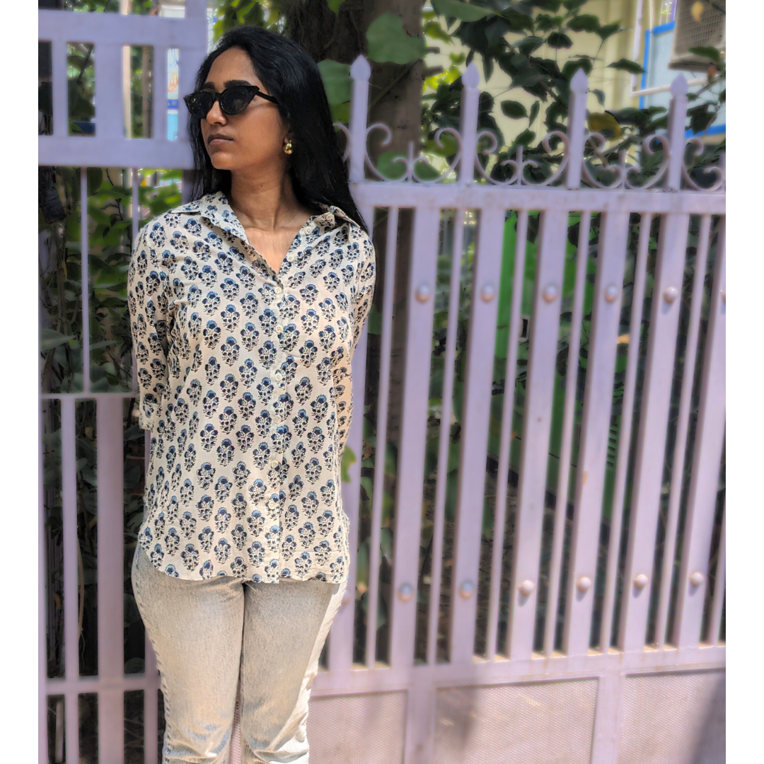 Women's Regular Shirt | Block Print | Bombay Sapphire