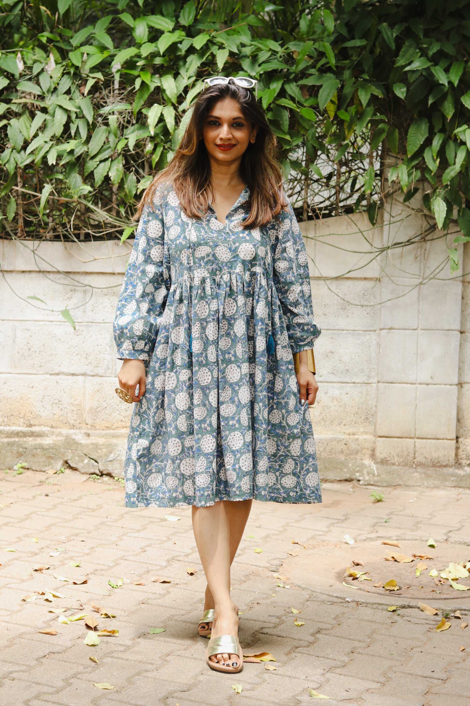 Women's Cotton Short Dress | Block Print | Green  with 3/4th sleeves - full image