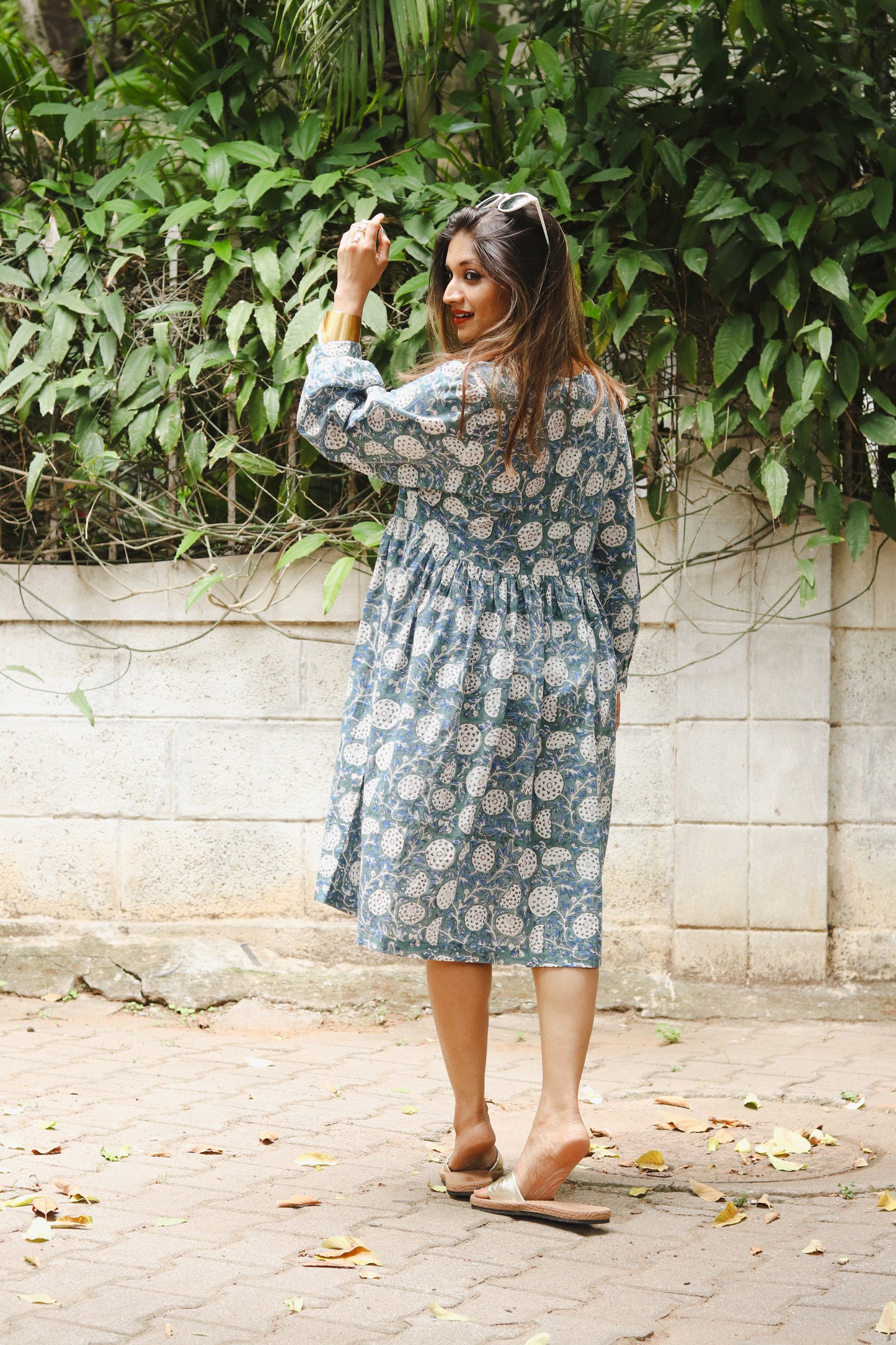 Women's Cotton Short Dress | Block Print | Green with 3/4th sleeves - back image