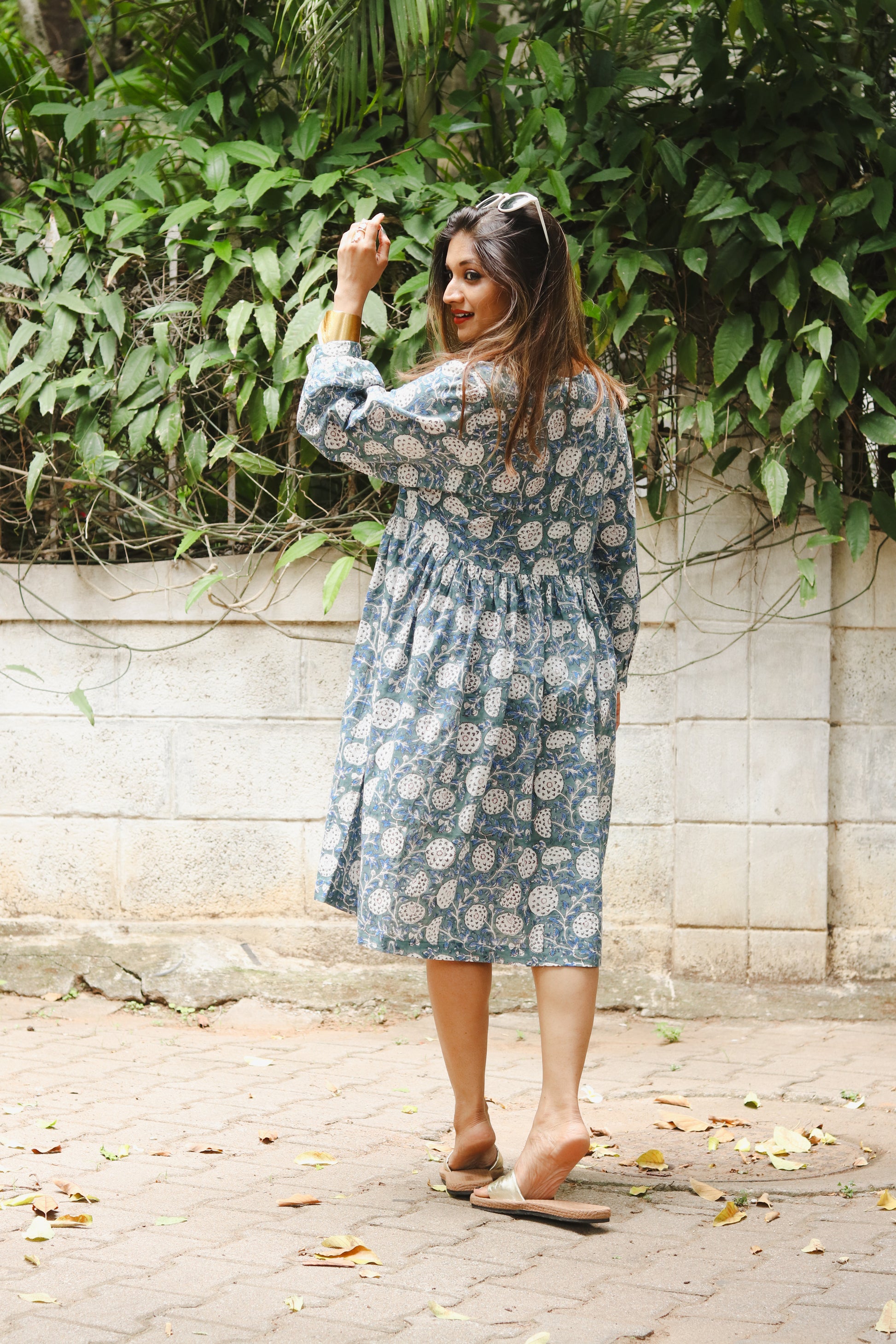 Women's Cotton Short Dress | Block Print | Green  with 3/4th sleeves - back image