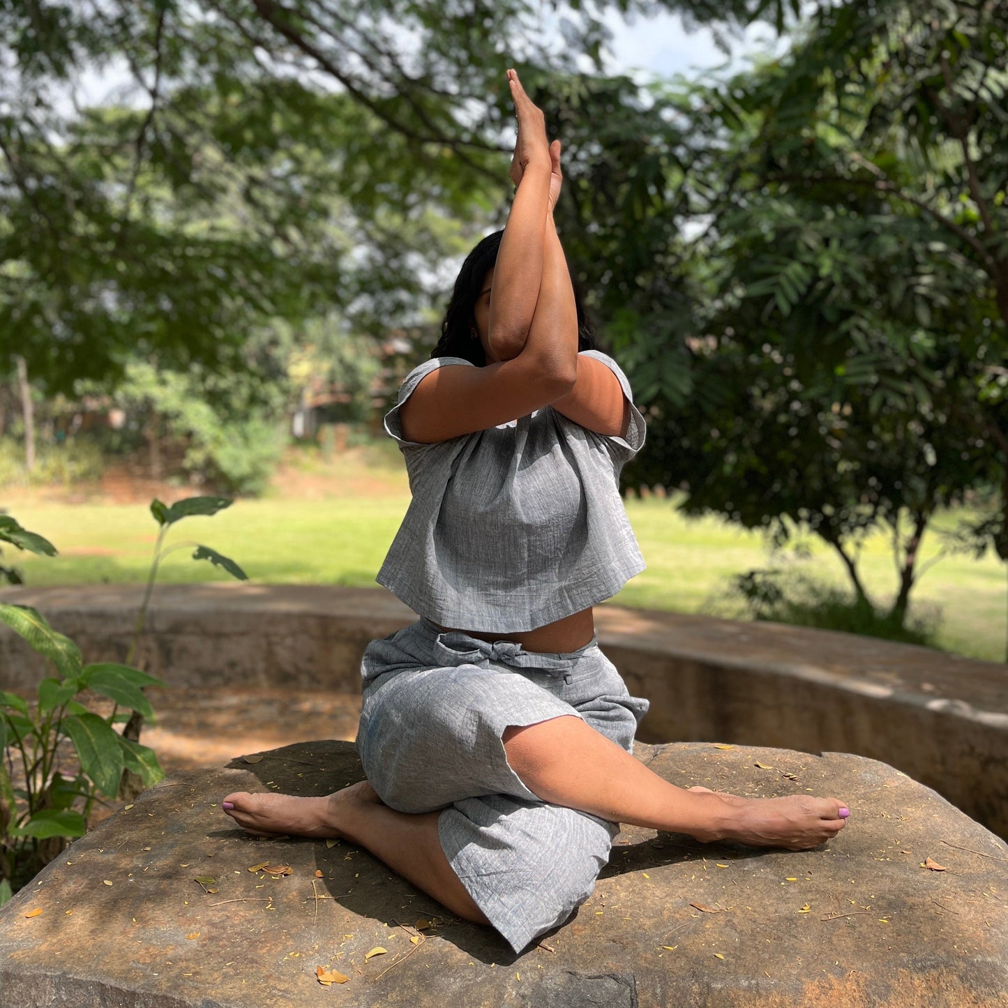 Model wearing boxy top and culottes in natural dyed indigo handloom cotton