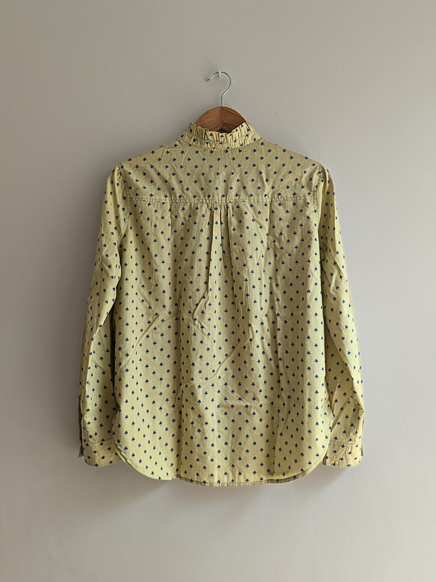 Women's full sleeves cotton ruffle shirt in lemon yellow - Back Image