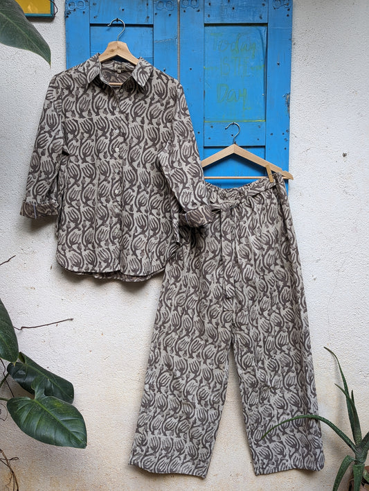 Women's Coord Set, Cotton Full Sleeves Shirt and Flared Pants - Front Image