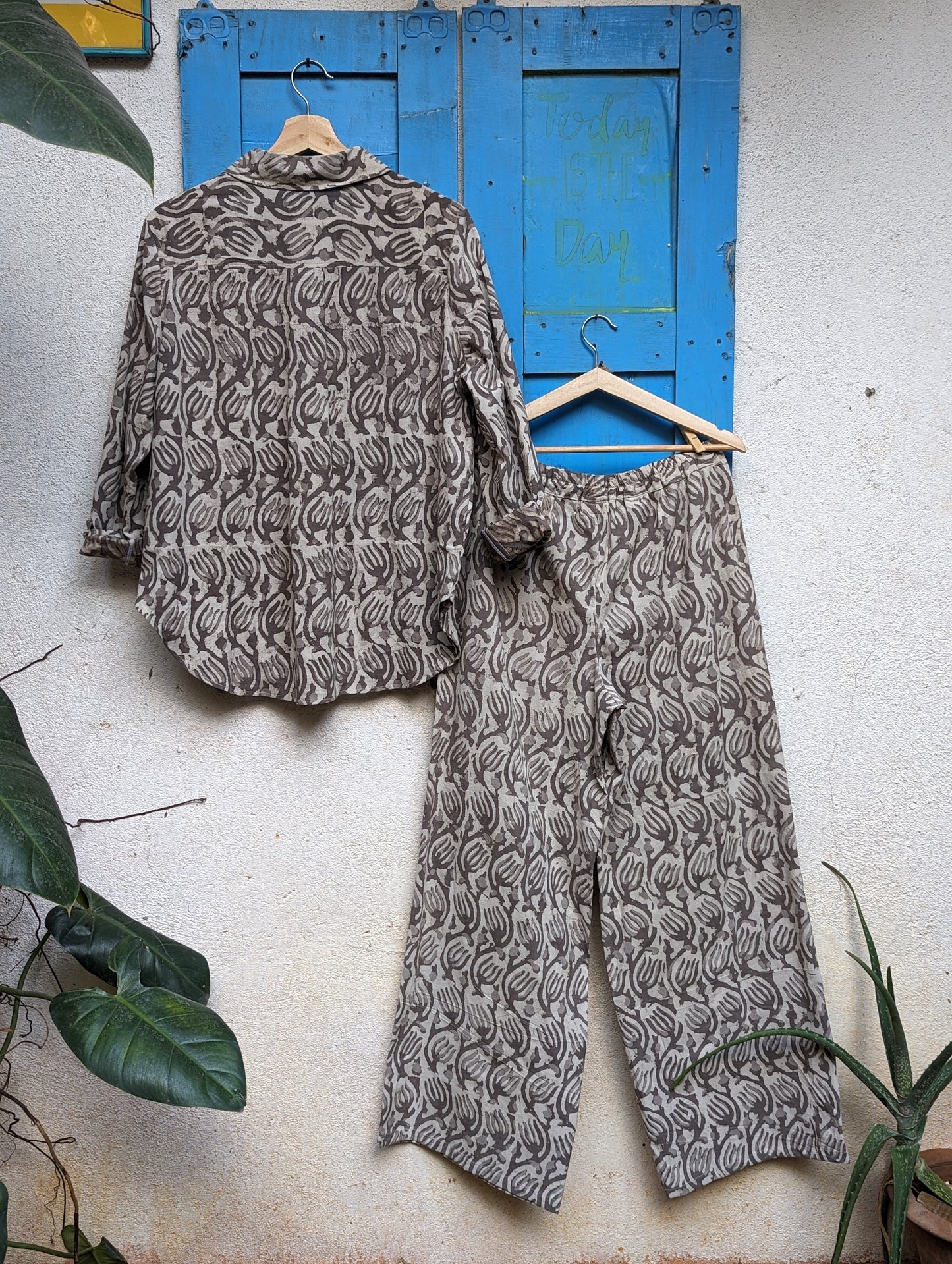 Women's Coord Set, Cotton Full Sleeves Shirt and Flared Pants -Back Image